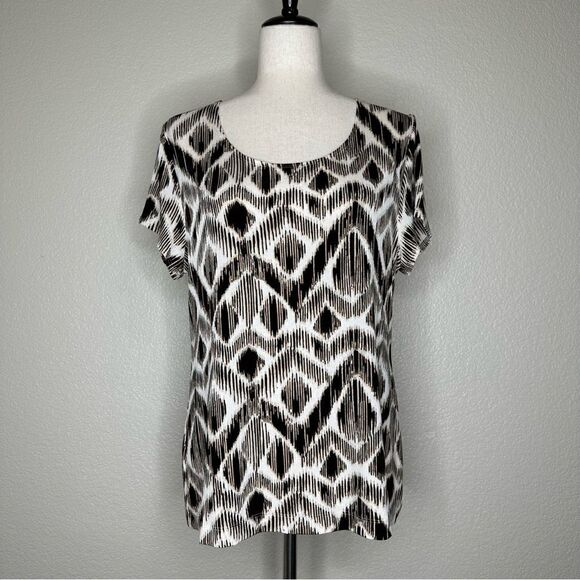 Chico’s Travelers Geometric Metallic Print Scoop Neck Short Sleeves Top - Picture 1 of 13